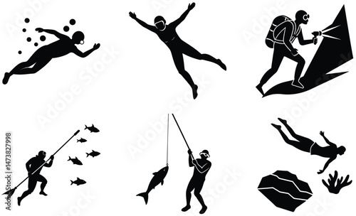 Scuba Diving and Spearfishing Silhouette Set – Vector Illustration of Underwater Adventure with Divers, Fish Hunters, Gear, and Ocean Exploration for Marine Life and Water Sport Design Projects