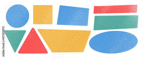 Pastel textured geometric shape set. Text boxes kids frames pack. Oval, circle and square figures. Vector hand drawn quotation triangles and trapezium stickers shapes. Flat figures illustration.