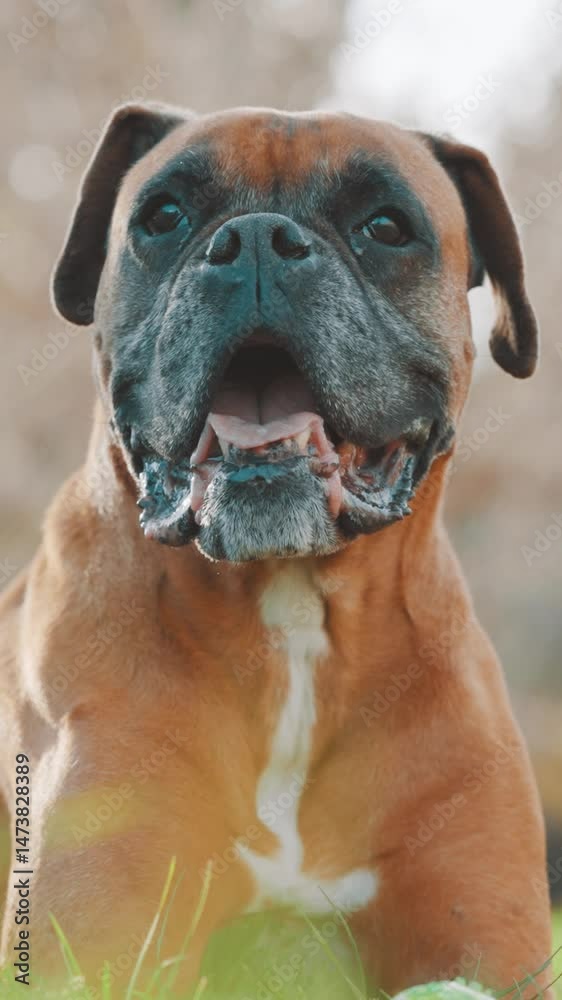 Boxer dog showing different facial expressions in nature Boxer dog showing different facial expressions in nature