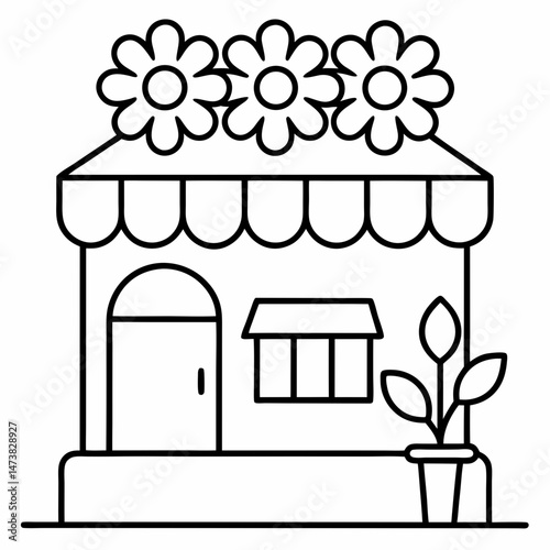 Flower Shop Outline for Printable Coloring Book Page Featuring Floral Storefront and Garden Elements