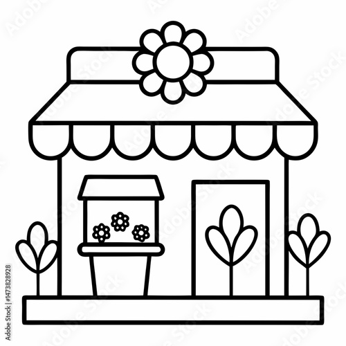 Flower Shop Outline for Printable Coloring Book Page Featuring Floral Storefront and Garden Elements