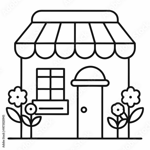 Flower Shop Outline for Printable Coloring Book Page Featuring Floral Storefront and Garden Elements