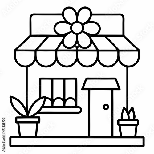 Flower Shop Outline for Printable Coloring Book Page Featuring Floral Storefront and Garden Elements