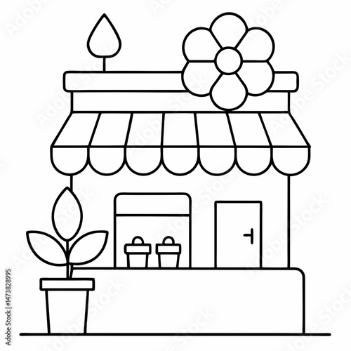 Flower Shop Outline for Printable Coloring Book Page Featuring Floral Storefront and Garden Elements