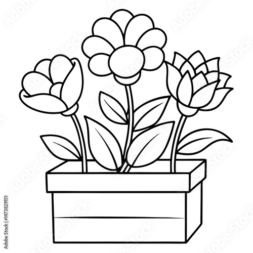 Flowers on Wooden Box Outline for Decorative Botanical Coloring Book Page