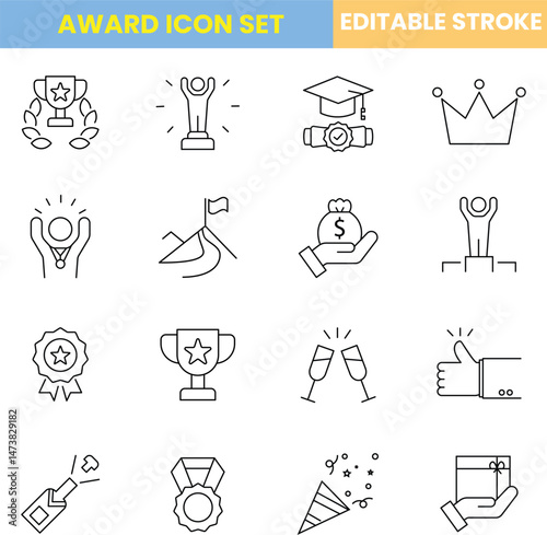 Award icon set, customizable stroke, vector, illustration