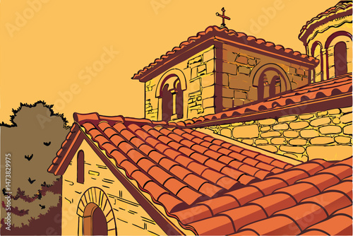 87 terracotta roof tiles, traditional Mediterranean architecture, rustic, weathered, aged, textured, warm colors, architectural detail, building material, roof pattern, natural material