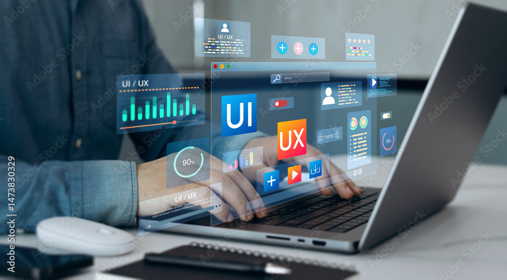 UX-UI design web and user design development.
Holographic UI-UX, display icons of UX-UI designer, creative planning, data visualization. Web design, application design,coding develop. UX-UI design web and user design development.
Holographic UI-UX, display icons of UX-UI designer, creative planning, data visualization. Web design, application design,coding develop.
