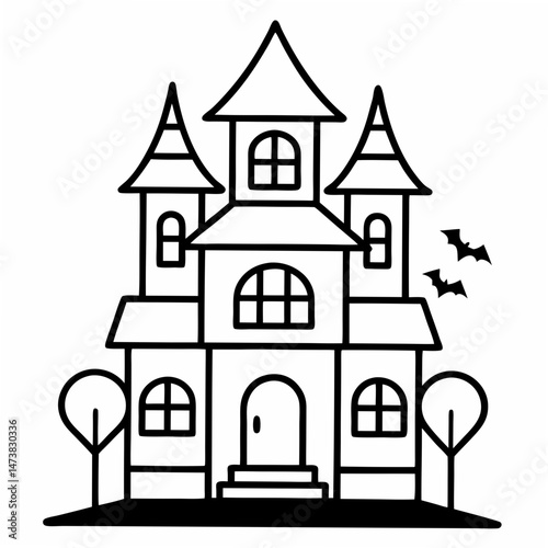 Haunted House Outline Illustration for Halloween and Spooky-Themed Coloring Book Pages