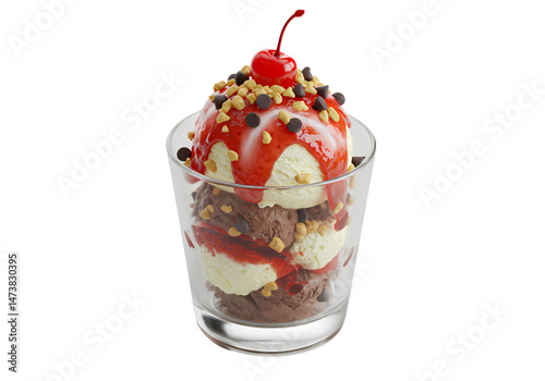 Delicious Chocolate Strawberry Ice Cream Sundae with Nuts and Cherry isolated on white background
