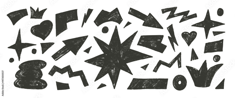 Fototapeta premium Abstract geometric shapes stencil set. Clouds, crown, arrows and vector figures by black marker. Organic charcoal squiggles stickers doodle isolated on white background. Graphic grunge elements.