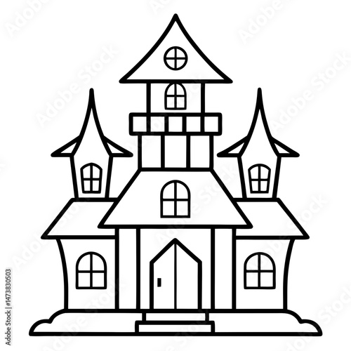 Haunted House Outline Illustration for Halloween and Spooky-Themed Coloring Book Pages