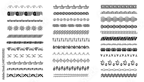 Ethnic tribal border, traditional hand drawn divider, doodle separator. Ancient motif line geometric brush, for frames, design element. 