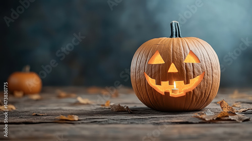 Spooky carved pumpkin with flickering candle inside, surrounded by autumn leaves