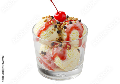 Vanilla Ice Cream Sundae with Cherry and Nuts isolated on white background