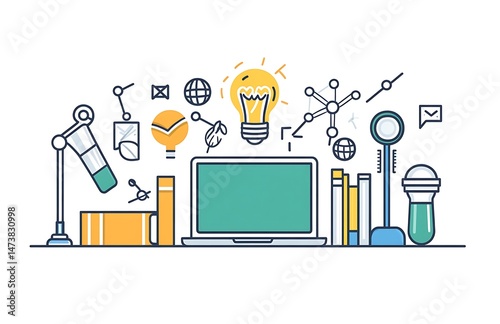Generate an illustration of educational tools and symbols such as books laptop light  