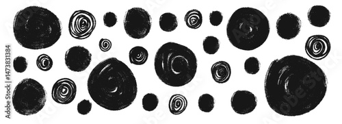 Scribble marker drawn circle callout set. Polka dots aerosol spray shapes pack. Vector black hand drawn round note figures collection illustration isolated on white background.