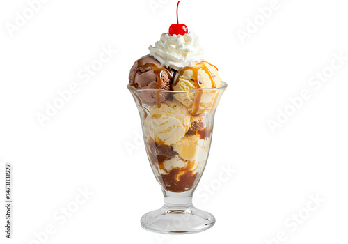 Delicious Sundae Creamy Ice Cream Caramel Sauce Whipped Cream and Cherry Topping isolated on white background