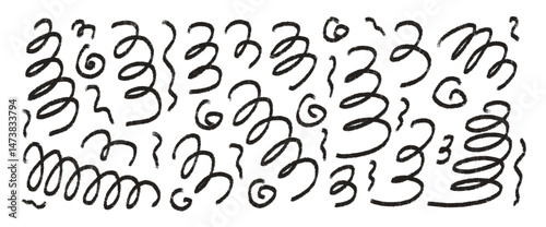 Charcoal scribble wavy shapes. Squiggle hand drawn confetti set. Vector black and white grunge crayon brush strokes lines collection. Curve and swirls vector doodle elements. Curly ink brush spirals.