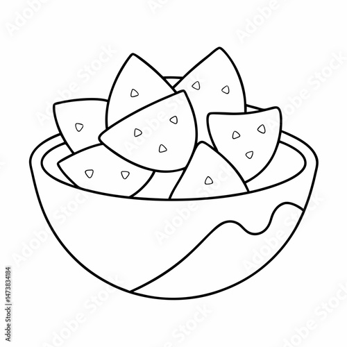 Nachos with Salsa Outline Illustration for Snack and Mexican Food-Themed Coloring Book Pages