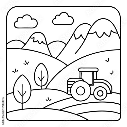 Nature and Tractor Outline Illustration for Farming and Rural Landscape Coloring Book Pages