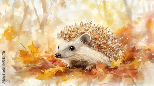 Vector illustration, watercolor paint of a cute hedgehog in the forest.