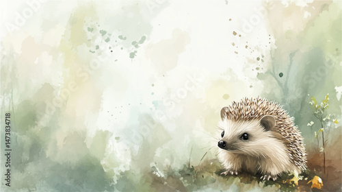 Vector illustration, watercolor paint of a cute hedgehog in the forest.