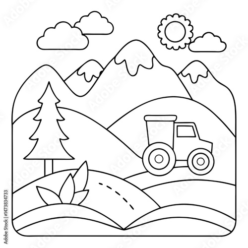 Nature and Tractor Outline Illustration for Farming and Rural Landscape Coloring Book Pages