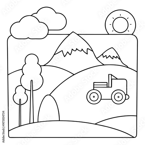 Nature and Tractor Outline Illustration for Farming and Rural Landscape Coloring Book Pages