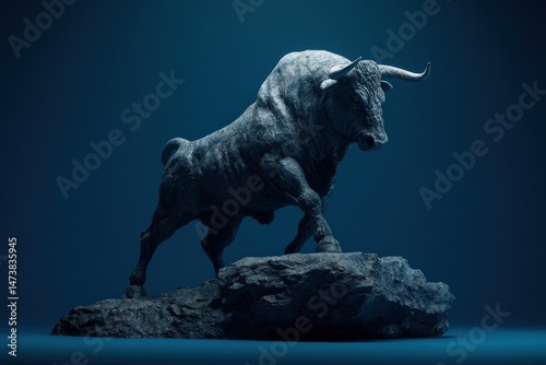 A dramatic, stylized bull sculpture on a rock formation.