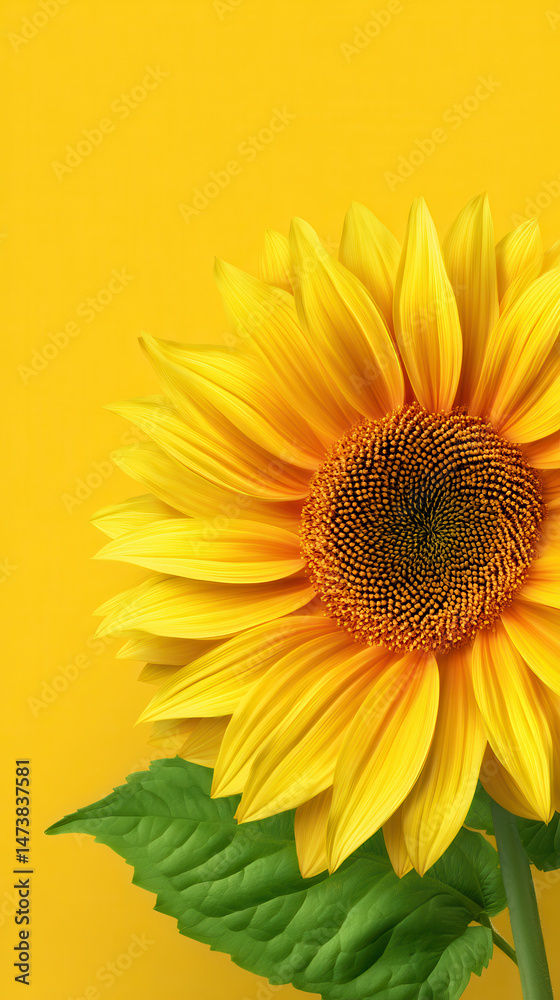 Obraz premium Bright yellow sunflower with vibrant petals and green leaves stands against a matching yellow background, radiating warmth and natural beauty in close detail.