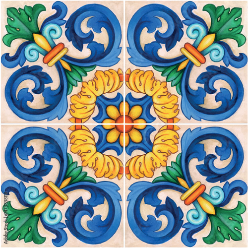 Watercolor hand drawn italian mediterranean tiles