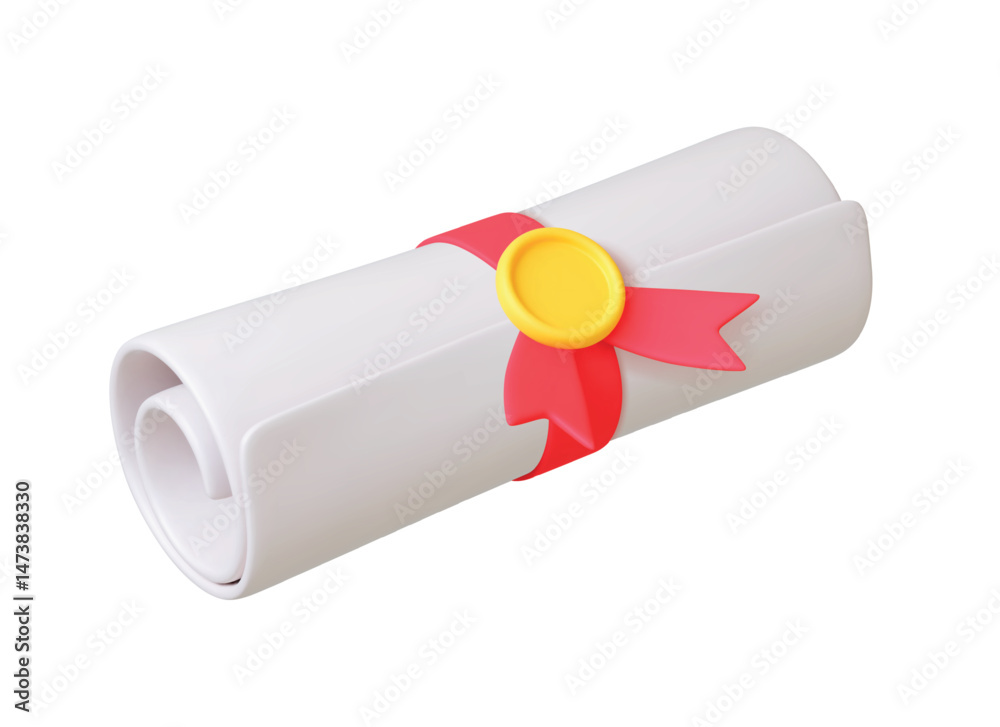 Graduation degree 3d icon. Paper roll with red ribbon and seal. Isolated diploma or certificate of academic education. College or university graduated, vector element