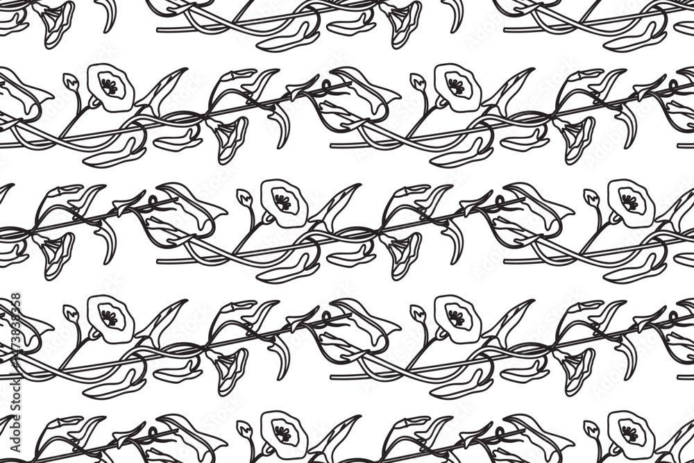 Fototapeta premium Line art botanical floral seamless pattern vector illustration. Black outline repeating bindweed plant with Flowers Stems Leaves in white background. Graphic design for Fashion Cover Textile Wedding