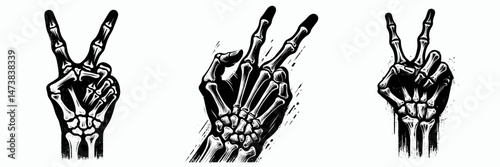 a single one Skeleton Hand Victory Fist gesture isolated on white background. halloween Silhouette Vector Clipart. Bony digit triumph pump upon blank backdrop skeletal appendage win.