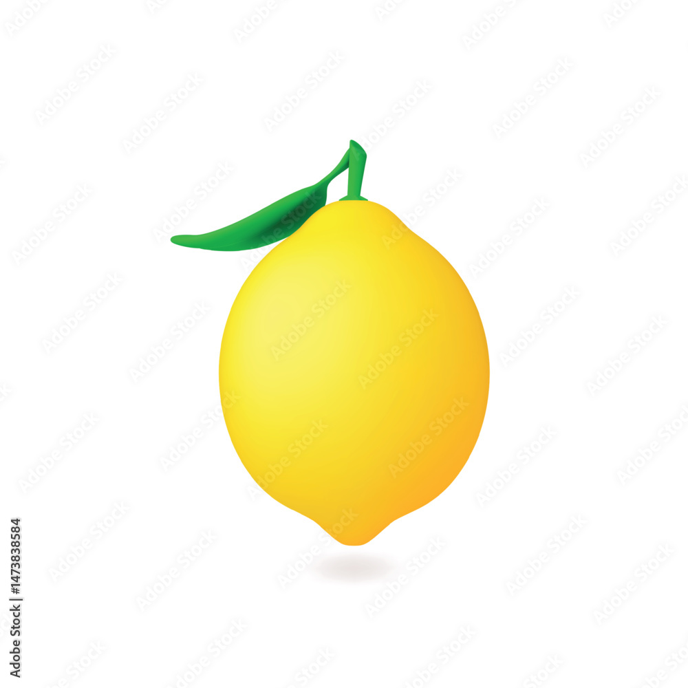 Lemon 3d element. Citrus with green leaf. Isolated juicy fruit rendering style icon. Realistic yellow vitamin fresh food, natural ingredient, vector symbol Lemon 3d element. Citrus with green leaf. Isolated juicy fruit rendering style icon. Realistic yellow vitamin fresh food, natural ingredient, vector symbol