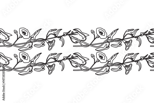 Line art botanical floral horizontal seamless border isolated on white background. Hand drawn outline bindweed plant with Flowers Stems Leaves vector illustration. Graphic design element for Birthday