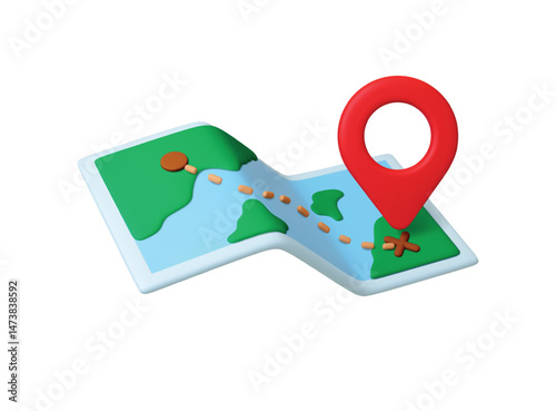 Map 3d with travel route. Render navigation element with start and finish points and red pin gps. Tourism, hiking, outdoor adventures vector design