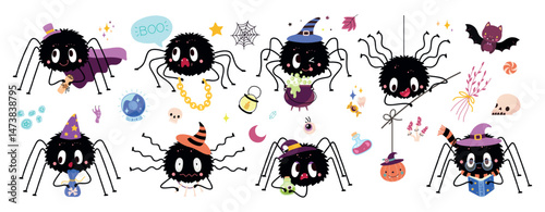 Halloween spiders. Funny spider in different poses. Autumn festive characters with pumpkin, wear witch hat, study magic on book, nowaday vector set