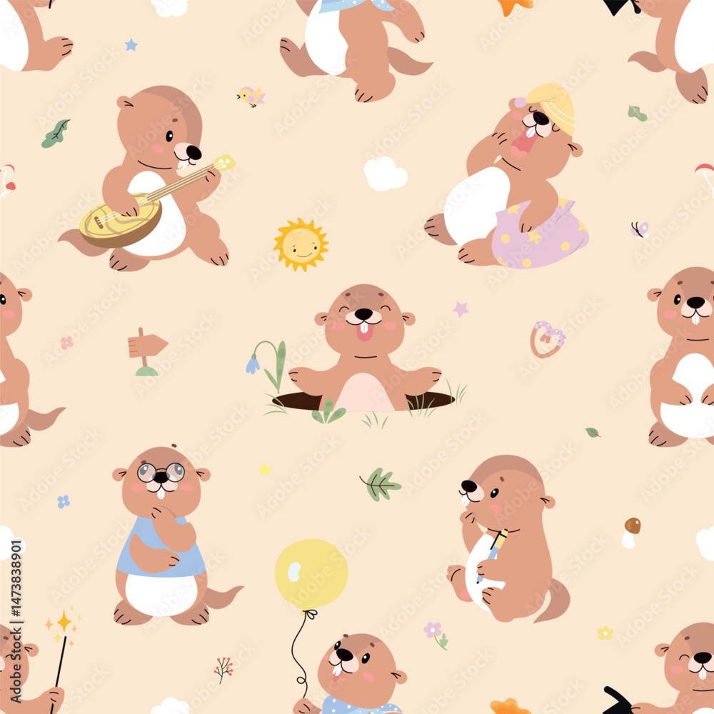Groundhogs seamless pattern. Cartoon groundhog or marmot funny characters. Childish style animals, print design for fabric or wallpaper, nowaday vector background Groundhogs seamless pattern. Cartoon groundhog or marmot funny characters. Childish style animals, print design for fabric or wallpaper, nowaday vector background