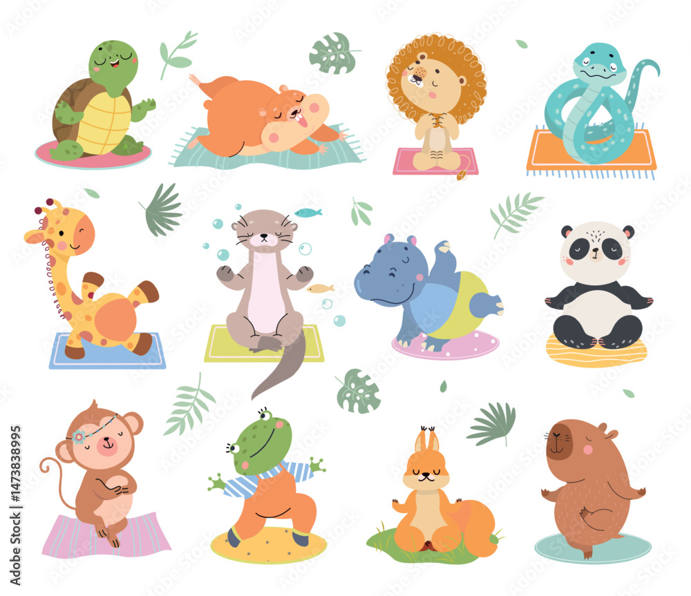 Fototapeta premium Animal yoga. Cartoon animals doing pilates training, stretching and meditation. Keep calm workout, sport turtle hippo giraffe panda, nowaday vector set