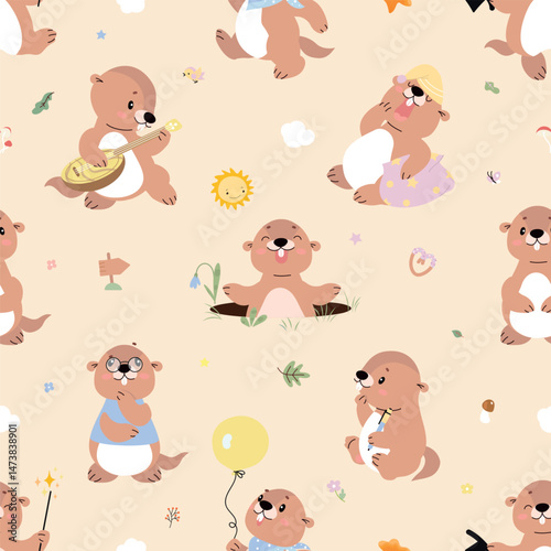 Groundhogs seamless pattern. Cartoon groundhog or marmot funny characters. Childish style animals, print design for fabric or wallpaper, nowaday vector background