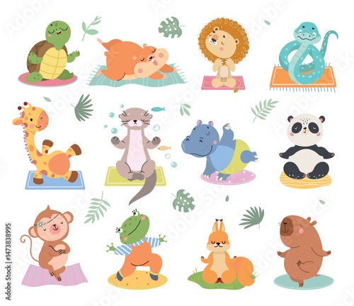 Animal yoga. Cartoon animals doing pilates training, stretching and meditation. Keep calm workout, sport turtle hippo giraffe panda, nowaday vector set