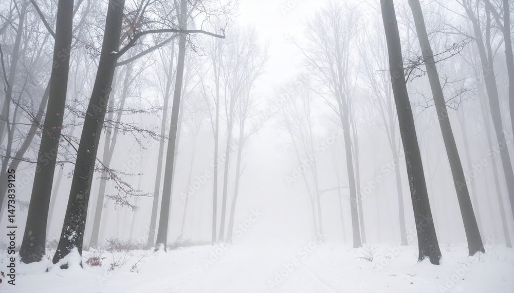 Fototapeta premium Snowy winter pathway adventure in foggy forest nature photography tranquil environment wide angle view mysterious atmosphere