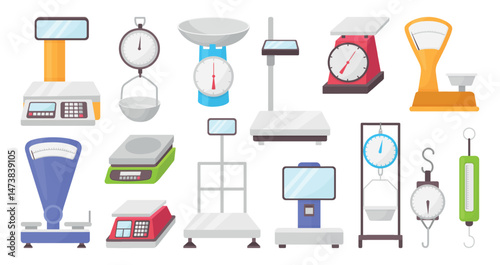 Cartoon various scales. Isolated retail scale, mechanical and electronic devices for weighing products, medicines, people. Weight measurement neoteric vector set