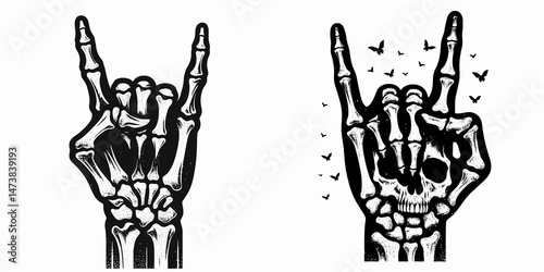 a single one Skeleton Hand Rock On gesture isolated white background. halloween Silhouette Vector Clipart. Lone bony digit symbol spectral metacarpal cutout backdrop.