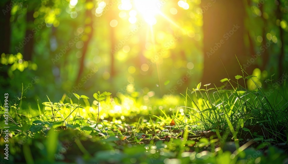 Obraz premium Sunlit greenery awakens in forest nature photography serene environment close-up view outdoor beauty