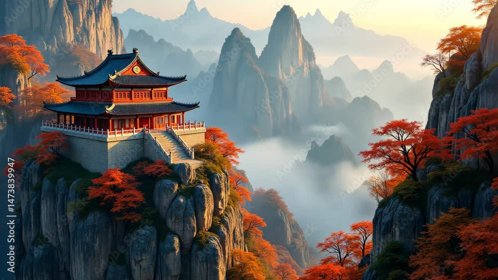 Traditional asian building on the cliff in autumnal landscape. Temple with orange foliage on rocky mountain for travel advertisement and nature exploration.