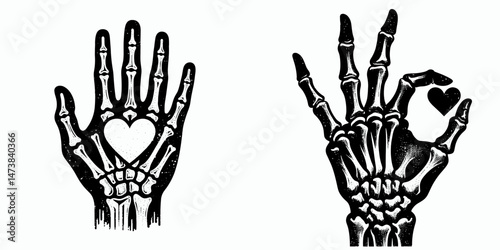 a single one Skeleton Hand Over Heart gesture isolated on white background. halloween Silhouette Vector Clipart. Bony finger bone placing limb upon chest devotion symbol cutoff blank space.