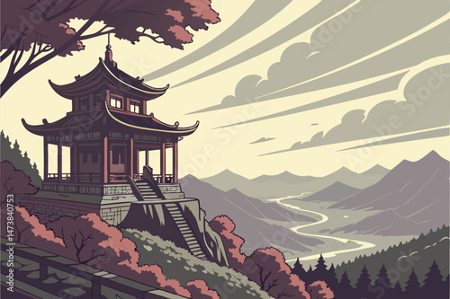 89 ornate oriental pagoda on cliffside overlooking valley and mountains, dramatic cloudy sky, lush foliage, highly detailed, cinematic lighting, mystical atmosphere, award winning landscape photograph